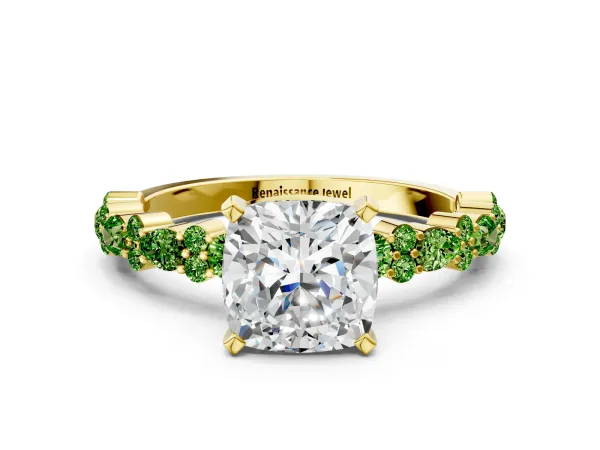 Cushion Cut Diamond Side Stone Solitaire Ring with Round Peridot and Four-Prong Setting Yellow gold