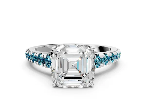 Asscher Cut Diamond Cathedral Solitaire Ring with Round Blue Topaz Pavé Band Platinum