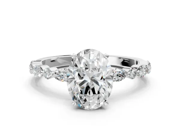 Oval Cut Diamond Ring with Marquise and Round Side Stones and Four-Prong Setting White gold