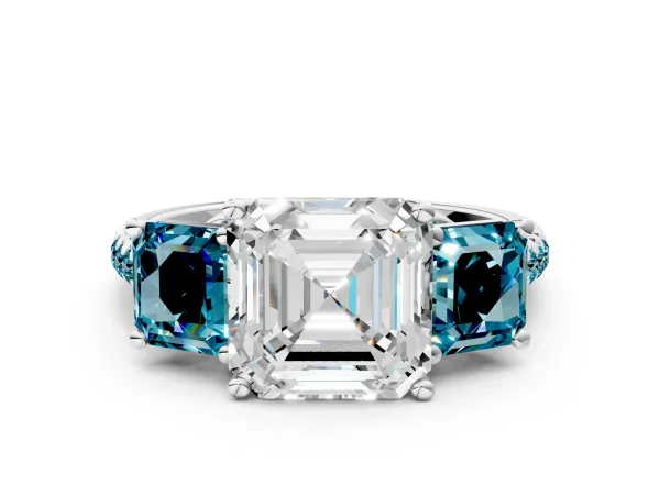 Three-Stone Asscher Cut Diamond Ring with Round Blue Topaz Pavé Band and Prong Setting White gold