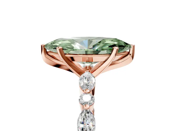 Fancy Green Marquise Cut Diamond Ring with Marquise and Round Side Stones and Four-Prong Setting Rose gold