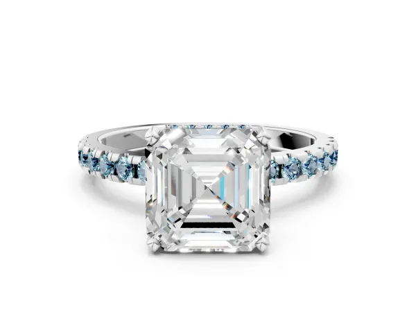 Asscher Cut Diamond Solitaire Ring with Round Aquamarine Pavé Band and Four-Prong Setting Platinum