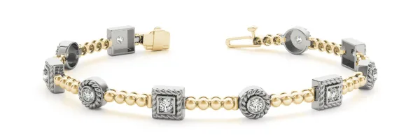 Round and Square Bezel Set Diamond Tennis Bracelet with Beaded Band Yellow gold