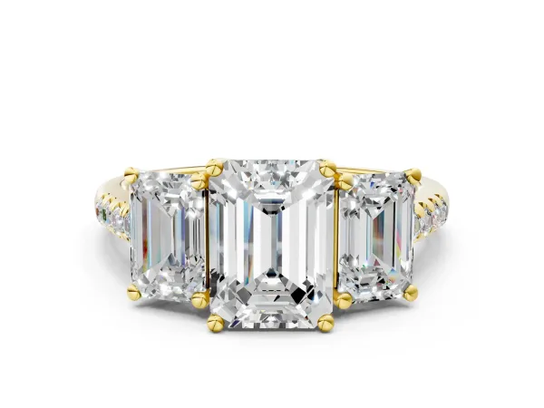 Three-Stone Emerald Cut Diamond Ring with Round Pavé Band and Prong Setting Yellow gold