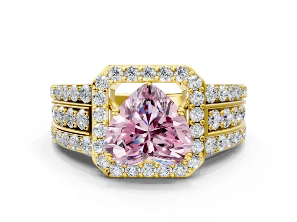 Fancy Pink Heart Cut Halo Diamond Ring with Round Split Shank and Prong Setting Yellow gold