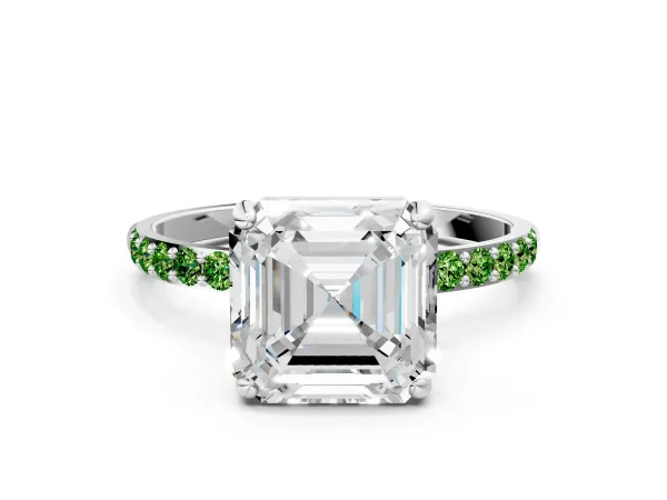 Asscher Cut Diamond Solitaire Ring with Round Peridot Pavé Band and Prong Setting White gold