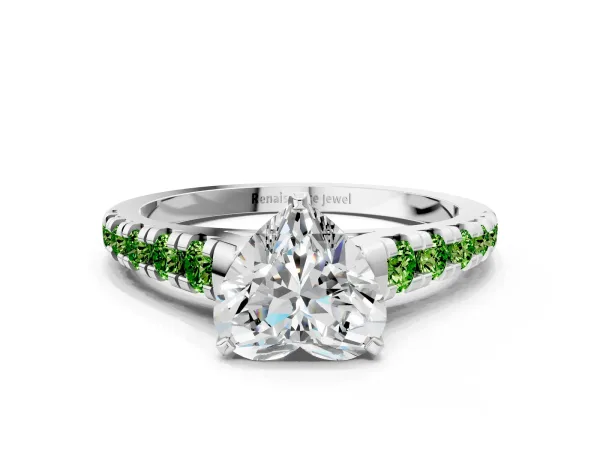 Heart Cut Diamond Cathedral Solitaire Ring with Round Peridot Pavé Band Platinum