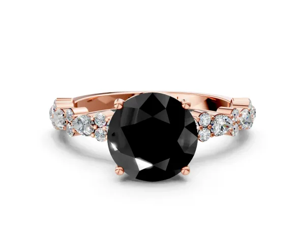 Fancy Black Round Cut Diamond Side Stone Solitaire Ring with Round and Four-Prong Setting Rose gold