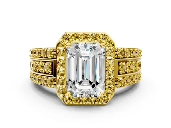 Emerald Cut Halo Diamond Ring with Round Yellow Sapphire Split Shank and Prong Setting Yellow gold