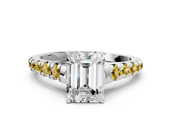 Emerald Cut Diamond Cathedral Solitaire Ring with Round Yellow Sapphire Pavé Band White gold