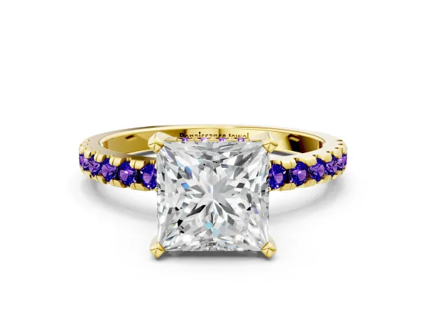 Princess Cut Diamond Solitaire Ring with Round Tanzanite Pavé Band and Four-Prong Setting Yellow gold