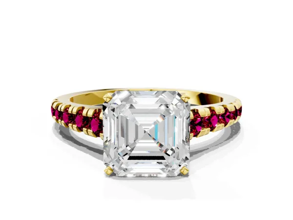 Asscher Cut Diamond Cathedral Solitaire Ring with Round Garnet Pavé Band Yellow gold