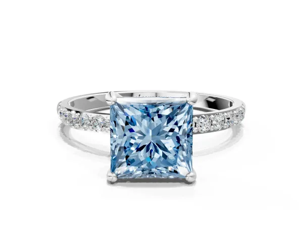 Fancy Blue Princess Cut Diamond Solitaire Ring with Round Pavé Band and Prong Setting Silver
