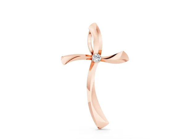 Curved Cross Pendant with Round Diamond in Bezel Setting Rose gold