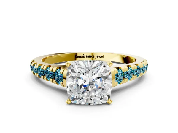 Cushion Cut Diamond Cathedral Solitaire Ring with Round Blue Topaz Pavé Band Yellow gold