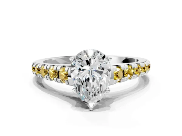 Pear Cut Diamond Cathedral Solitaire Ring with Round Yellow Sapphire Pavé Band White gold