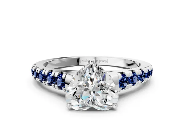 Heart Cut Diamond Cathedral Solitaire Ring with Round Blue Sapphire Pavé Band Platinum