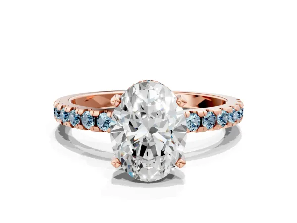 Oval Cut Diamond Solitaire Ring with Round Aquamarine Pavé Band and Four-Prong Setting Rose gold
