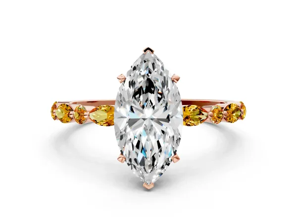 Marquise Cut Diamond Ring with Marquise and Round Citrine Side Stones and Four-Prong Setting Rose gold