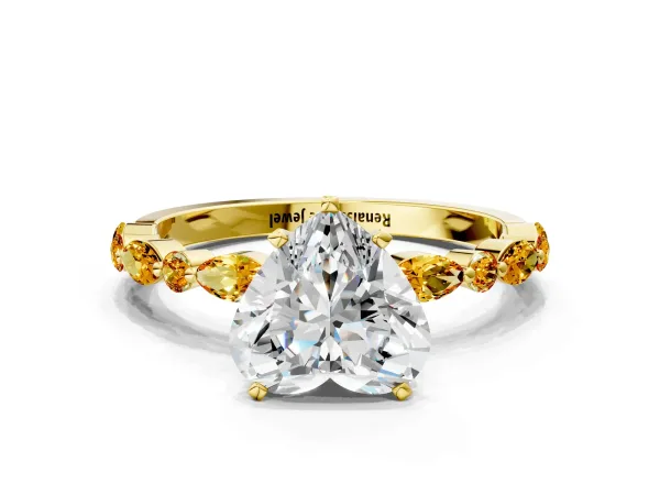 Heart Cut Diamond Ring with Marquise and Round Citrine Side Stones and Four-Prong Setting Yellow gold