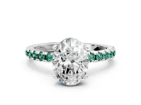 Oval Cut Diamond Solitaire Ring with Round Green Sapphire Pavé Band and Four-Prong Setting Silver