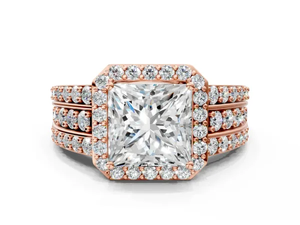 Princess Cut Halo Diamond Ring with Round Split Shank and Prong Setting Rose gold