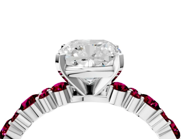 Cushion Cut Diamond Side Stone Solitaire Ring with Round Garnet and Four-Prong Setting Platinum