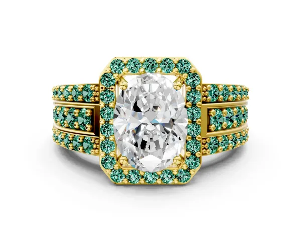 Oval Cut Halo Diamond Ring with Round Green Sapphire Split Shank and Prong Setting Yellow gold