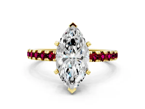 Marquise Cut Diamond Solitaire Ring with Round Garnet Pavé Band and Four-Prong Setting Yellow gold