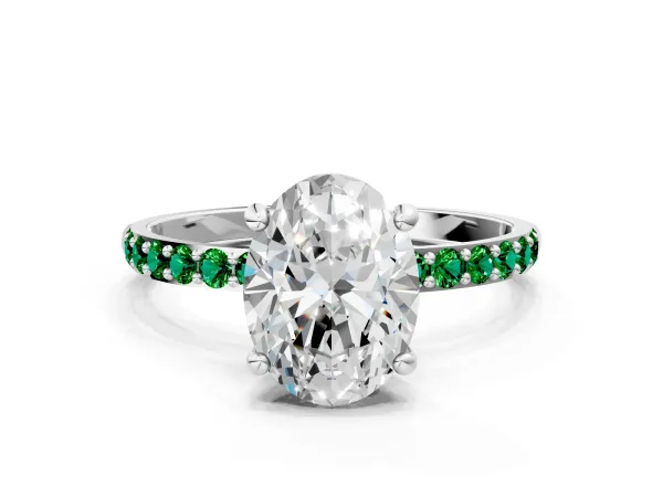 Oval Cut Diamond Solitaire Ring with Round Emerald Pavé Band and Prong Setting White gold