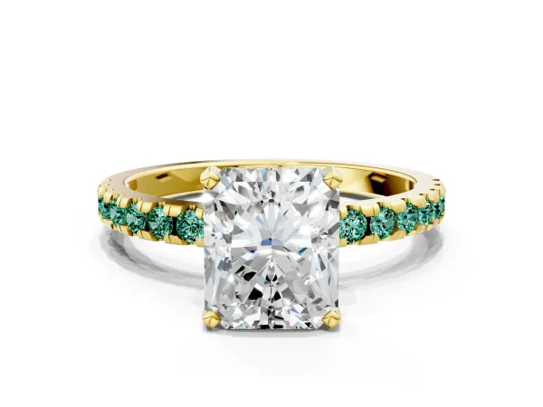 Radiant Cut Diamond Solitaire Ring with Round Green Sapphire Pavé Band and Four-Prong Setting Yellow gold