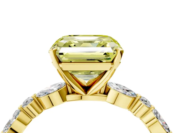 Fancy Yellow Asscher Cut Diamond Ring with Marquise and Round Side Stones and Four-Prong Setting Yellow gold