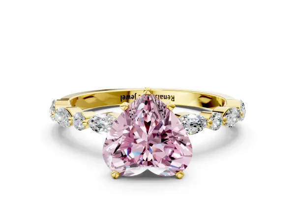Fancy Pink Heart Cut Diamond Ring with Marquise and Round Side Stones and Four-Prong Setting Yellow gold