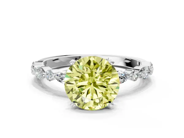 Fancy Yellow Round Cut Diamond Ring with Marquise and Round Side Stones and Four-Prong Setting White gold