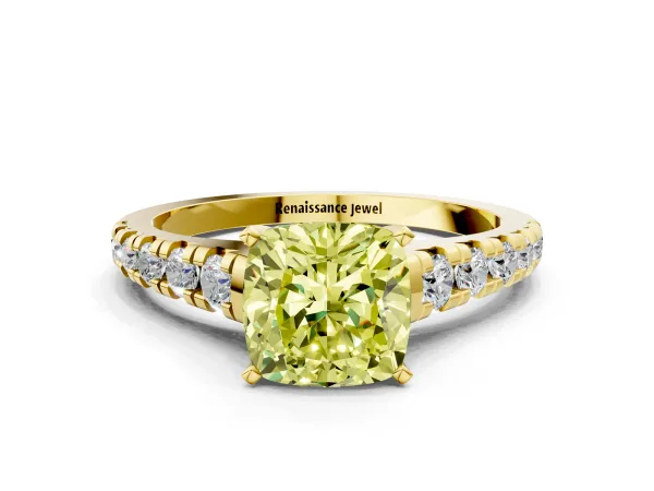 Fancy Yellow Cushion Cut Diamond Cathedral Solitaire Ring with Round Pavé Band Yellow gold
