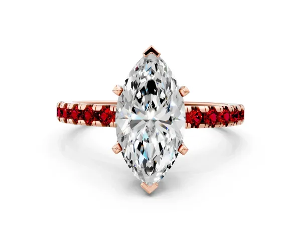 Marquise Cut Diamond Solitaire Ring with Round Ruby Pavé Band and Four-Prong Setting Rose gold