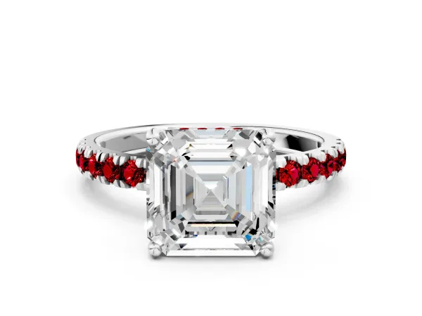 Asscher Cut Diamond Pave Band Solitaire Ring with Round Ruby and Prong Setting Silver