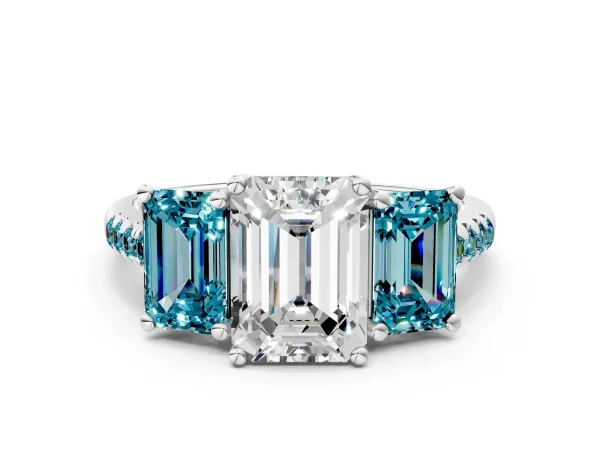 Three-Stone Emerald Cut Diamond Ring with Round Blue Topaz Pavé Band and Prong Setting Platinum