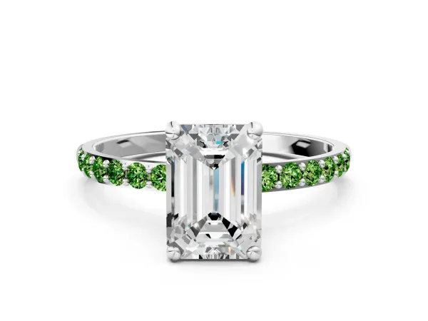 Emerald Cut Diamond Solitaire Ring with Round Peridot Pavé Band and Prong Setting White gold