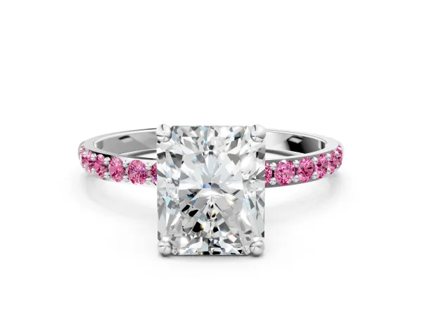 Radiant Cut Diamond Solitaire Ring with Round Pink Sapphire Pavé Band and Prong Setting Silver