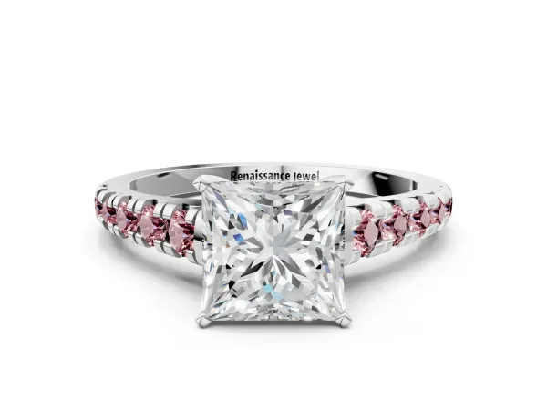 Princess Cut Diamond Cathedral Solitaire Ring with Round Morganite Pavé Band Platinum