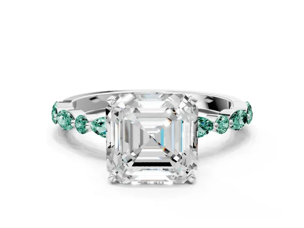 Asscher Cut Diamond Ring with Marquise and Round Green Sapphire Side Stones and Four-Prong Setting Platinum