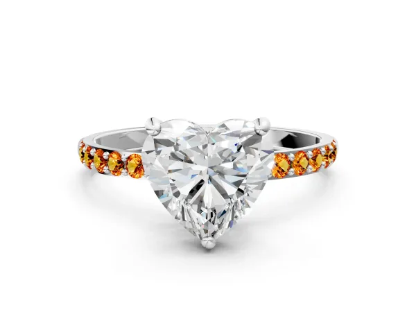 Heart Cut Diamond Solitaire Ring with Round Citrine Pavé Band and Prong Setting Silver
