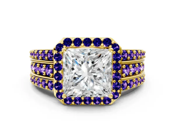 Princess Cut Halo Diamond Ring with Round Tanzanite Split Shank and Prong Setting Yellow gold