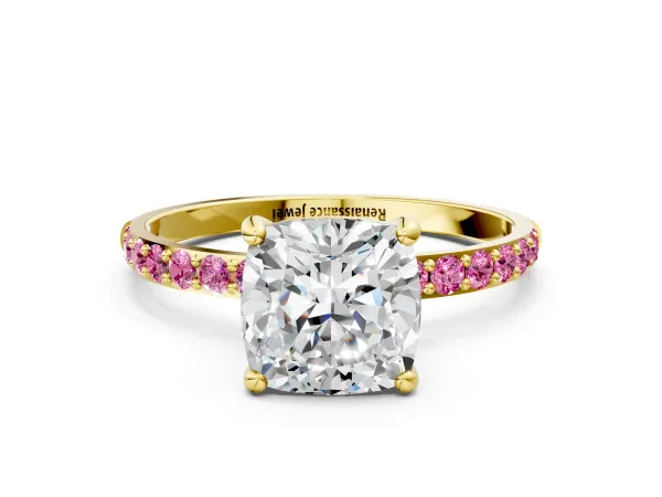 Cushion Cut Diamond Solitaire Ring with Round Pink Sapphire Pavé Band and Prong Setting Yellow gold
