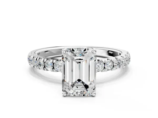Emerald Cut Diamond Pave Band Solitaire Ring with Round Moissanite and Prong Setting White gold