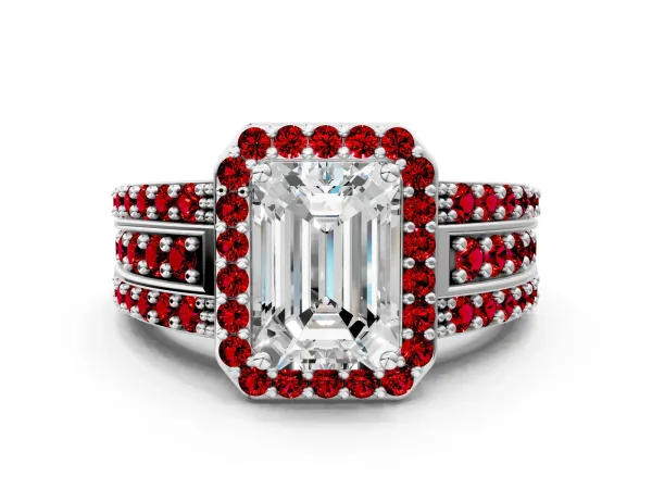 Emerald Cut Halo Diamond Ring with Round Ruby Split Shank and Prong Setting Platinum