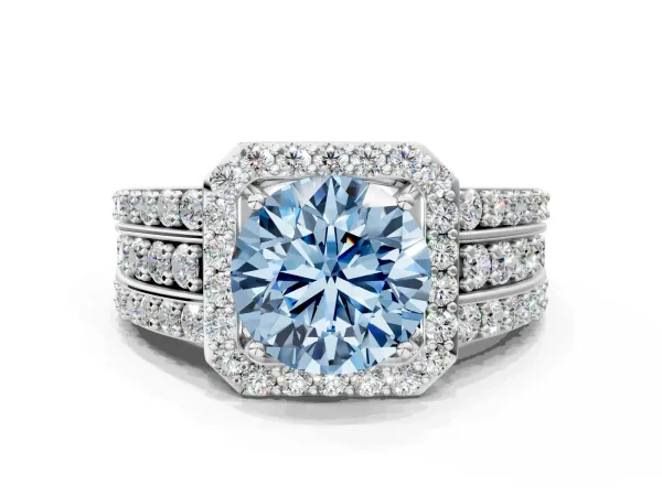 Fancy Blue Round Cut Halo Diamond Ring with Round Split Shank and Prong Setting White gold