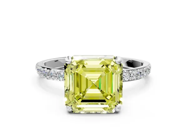 Fancy Yellow Asscher Cut Diamond Solitaire Ring with Round Pavé Band and Prong Setting Silver