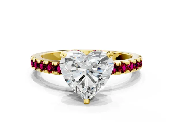 Heart Cut Diamond Solitaire Ring with Round Garnet Pavé Band and Four-Prong Setting Yellow gold